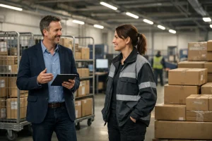 I’m discussing UPS Saturday deliveries with a colleague in a UK logistics workspace